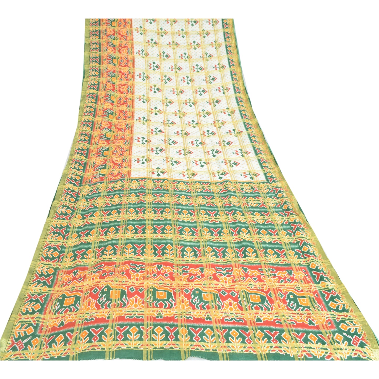 Sanskriti Vintage Sarees Ivory/Green Patan Patola Print Pure Cotton Sari Fabric