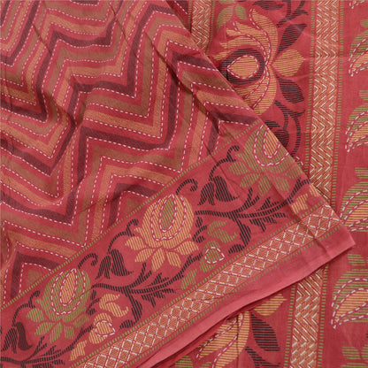 Sanskriti Vintage Sarees Dusty Red Pure Cotton Kantha Printed Sari 5yd Fabric