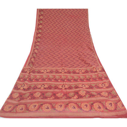 Sanskriti Vintage Sarees Dusty Red Pure Cotton Kantha Printed Sari 5yd Fabric