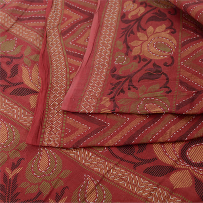 Sanskriti Vintage Sarees Dusty Red Pure Cotton Kantha Printed Sari 5yd Fabric