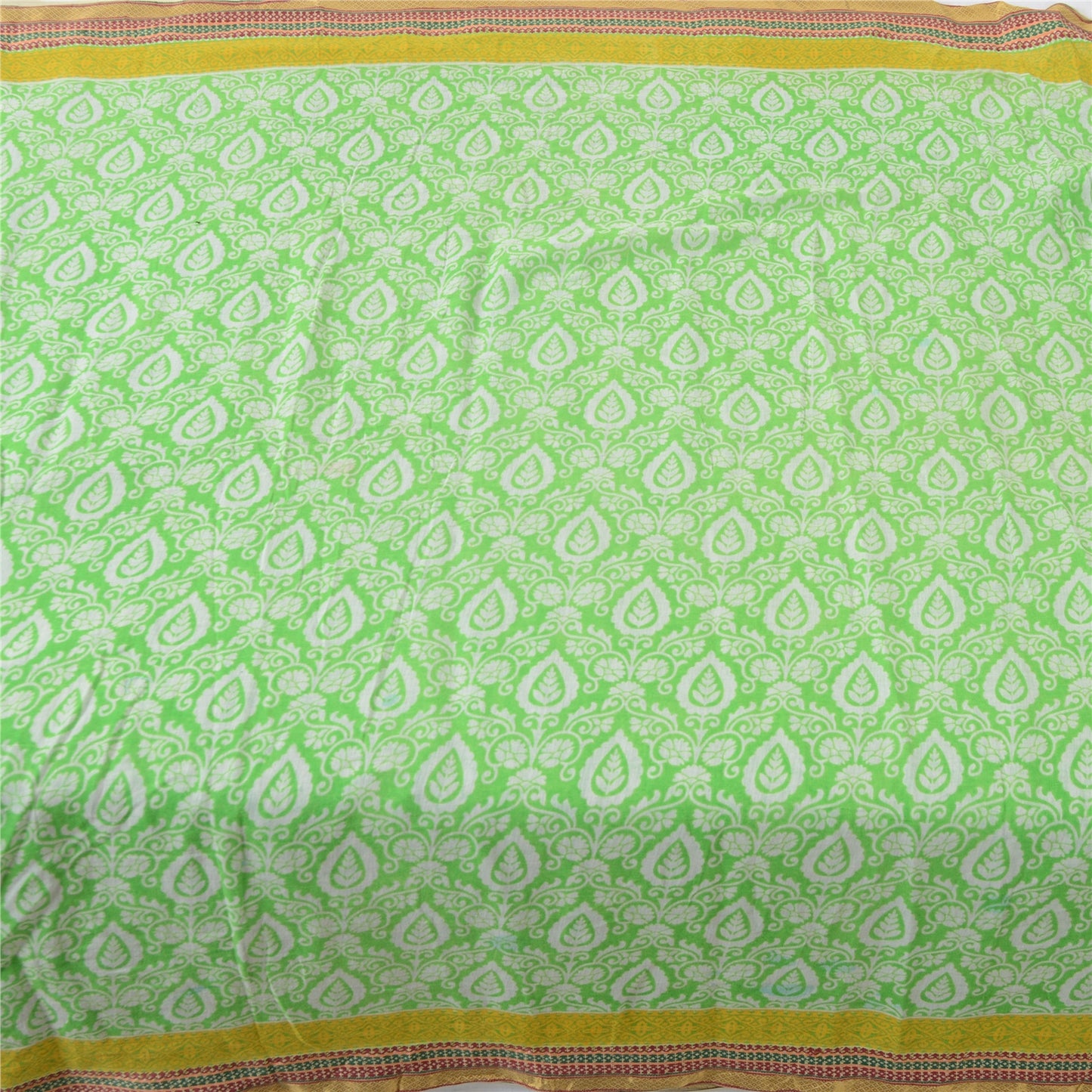 Sanskriti Vintage Sarees Green Woven Border Pure Cotton Print Sari Craft Fabric