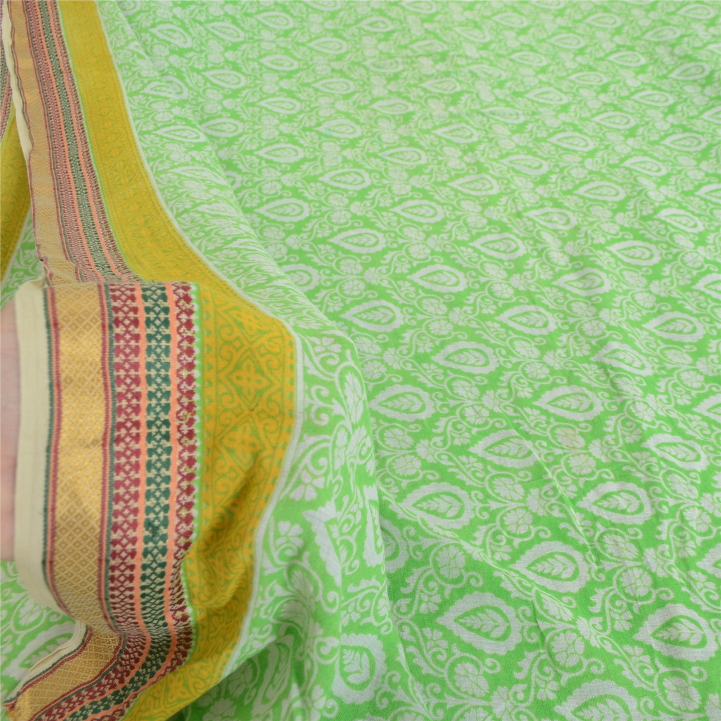 Sanskriti Vintage Sarees Green Woven Border Pure Cotton Print Sari Craft Fabric