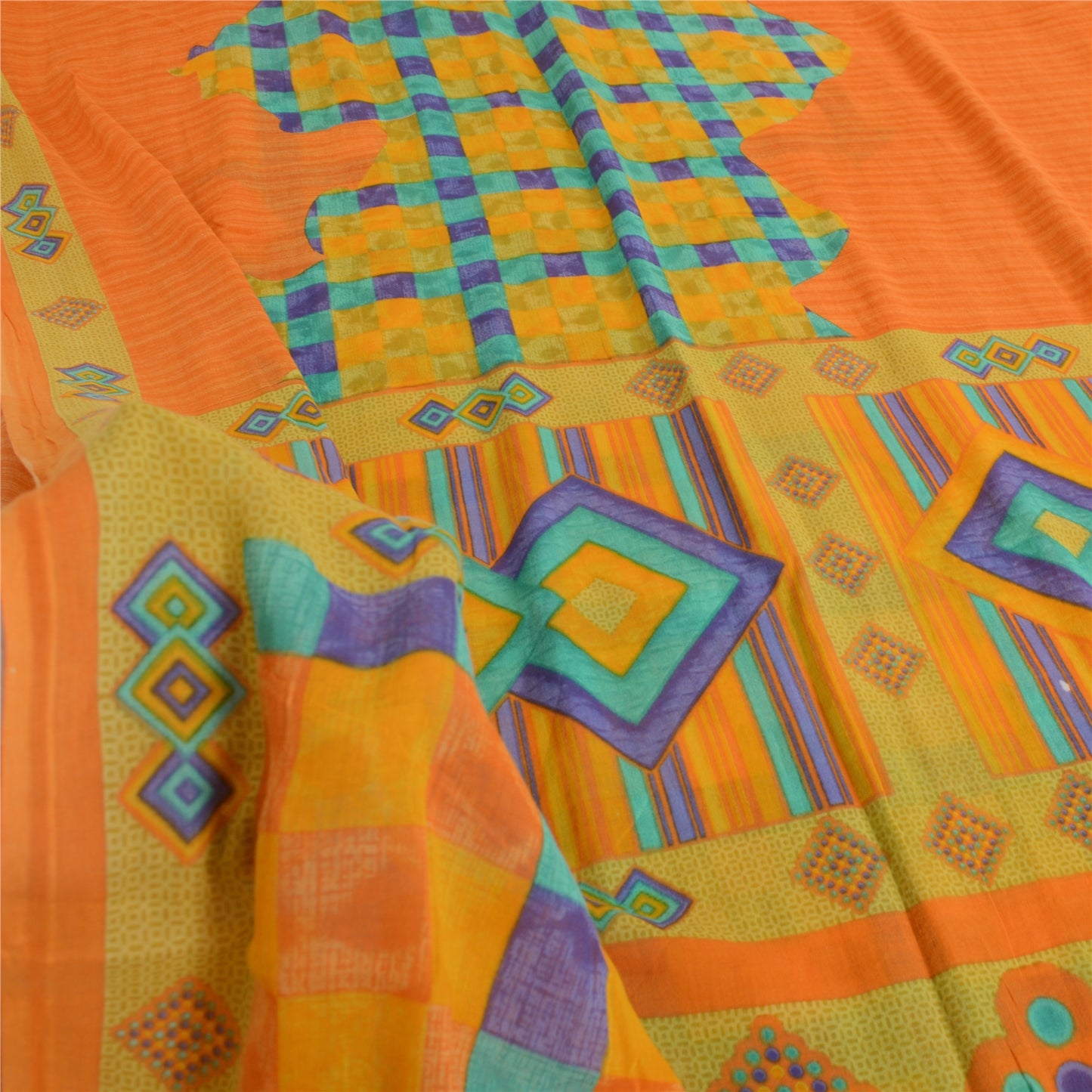 Sanskriti Vintage Sarees Indian Saffron Pure Cotton Print Sari 5yd Craft Fabric