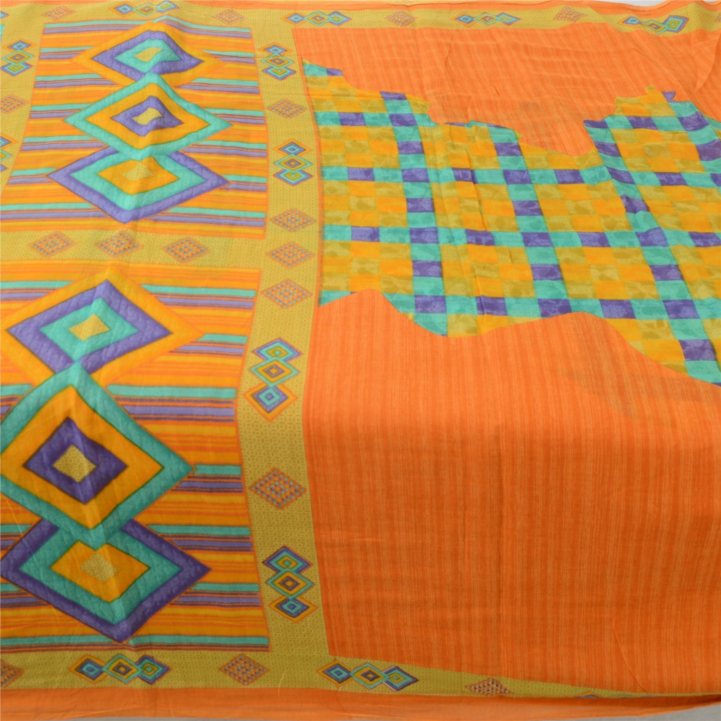 Sanskriti Vintage Sarees Indian Saffron Pure Cotton Print Sari 5yd Craft Fabric