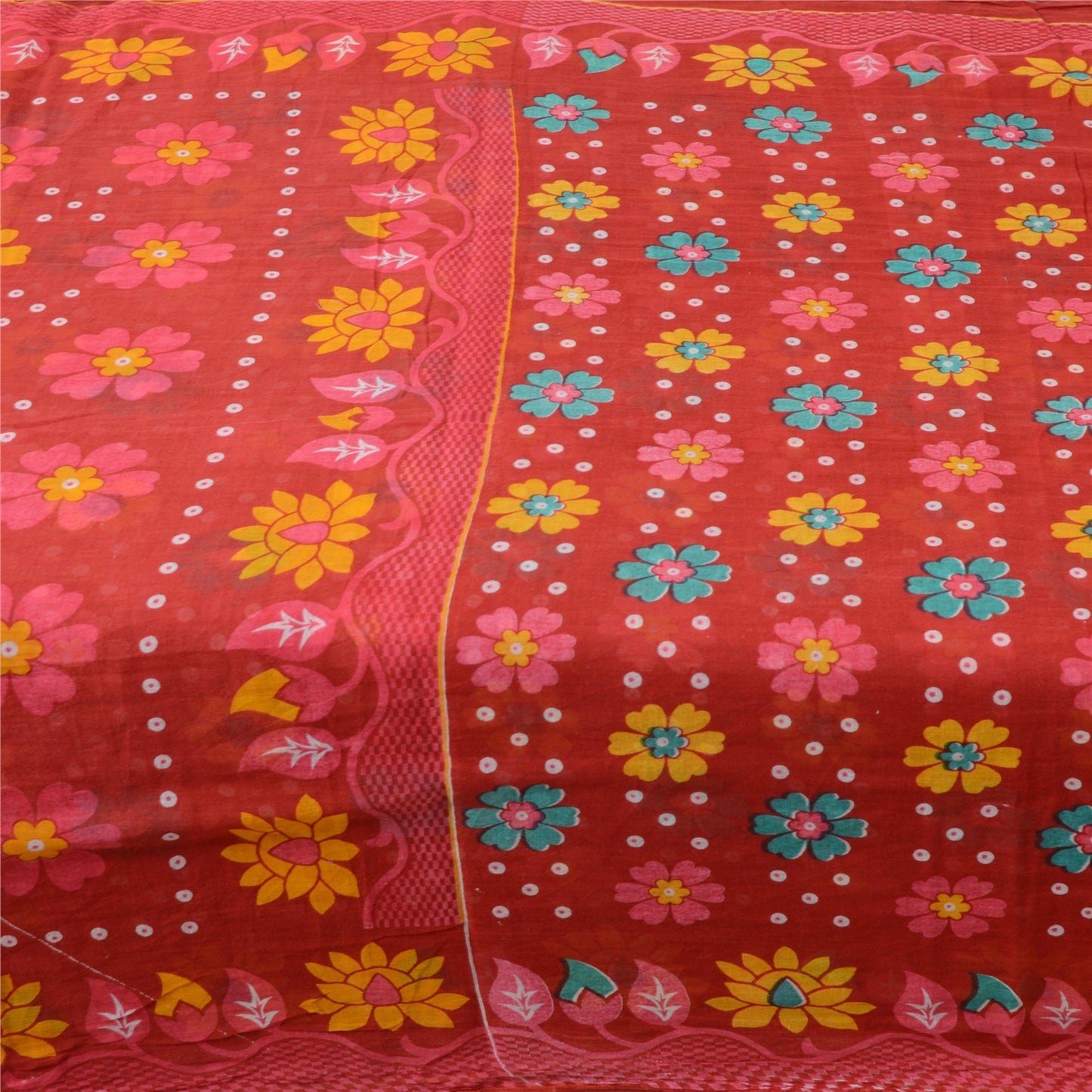 Sanskriti Vintage Sarees From India Red Pure Cotton Print Sari 5yd Craft Fabric