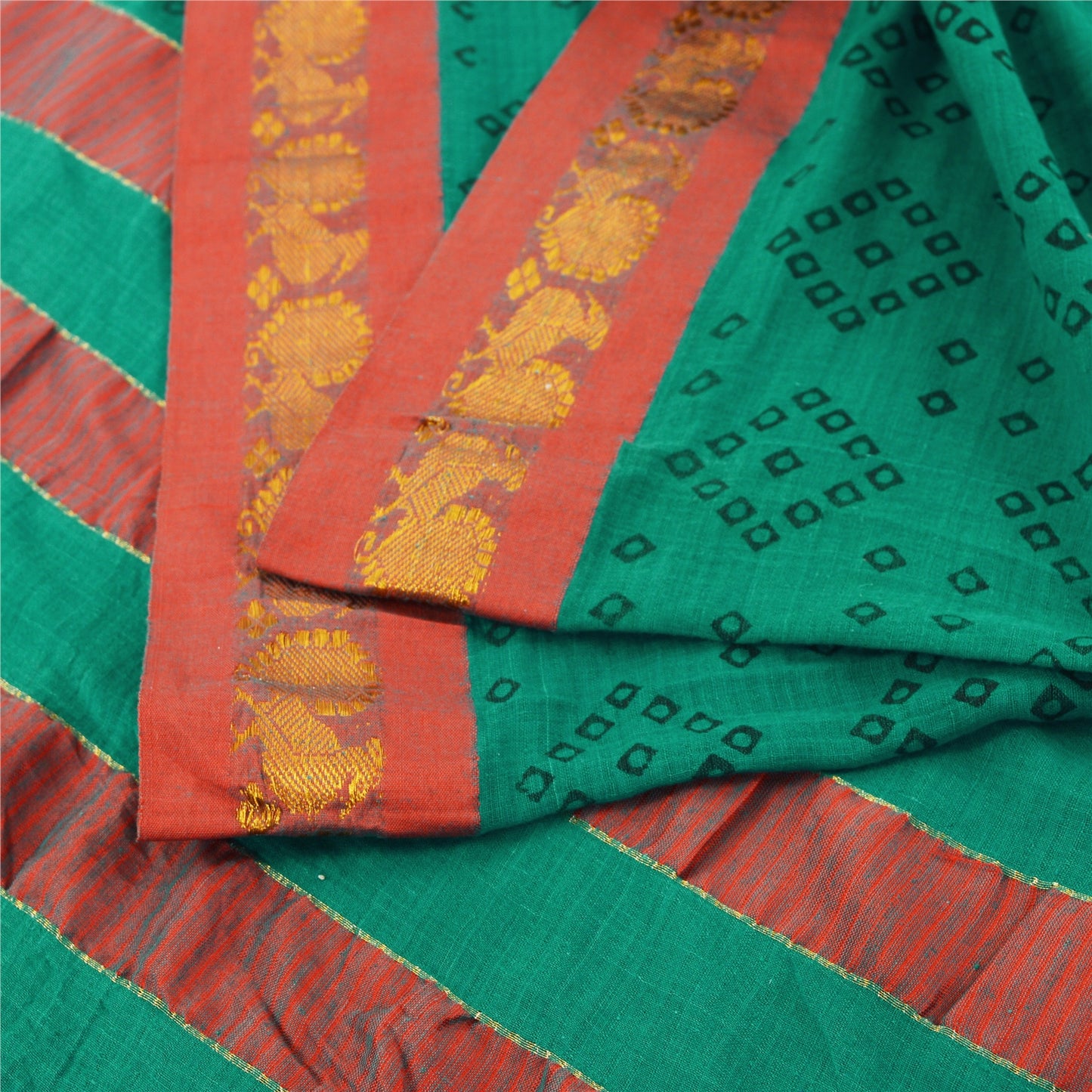 Sanskriti Vintage Sarees Green Bandhani Zari Woven Print Pure Cotton Sari Fabric