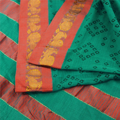 Sanskriti Vintage Sarees Green Bandhani Zari Woven Print Pure Cotton Sari Fabric