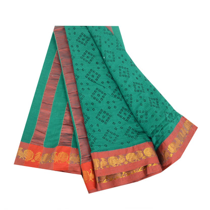 Sanskriti Vintage Sarees Green Bandhani Zari Woven Print Pure Cotton Sari Fabric