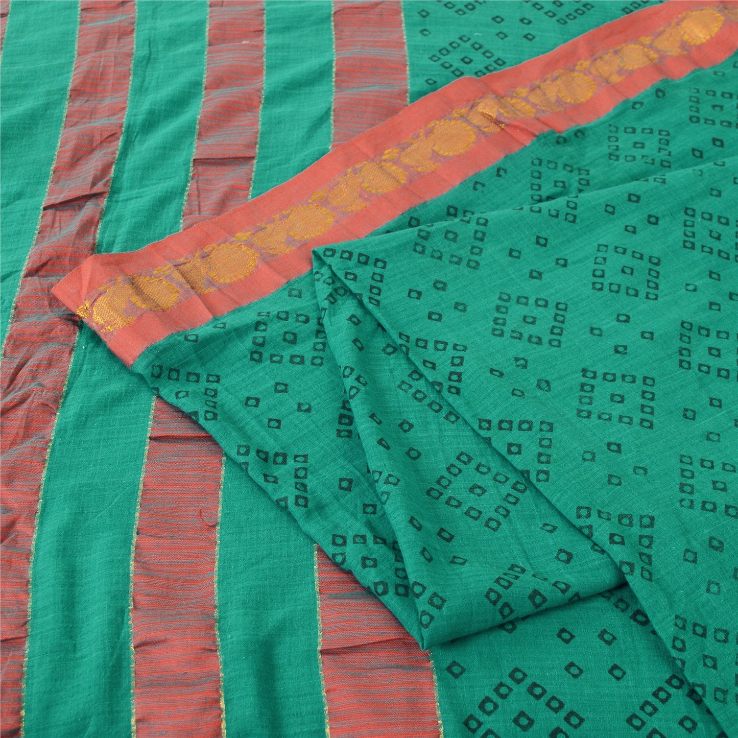 Sanskriti Vintage Sarees Green Bandhani Zari Woven Print Pure Cotton Sari Fabric