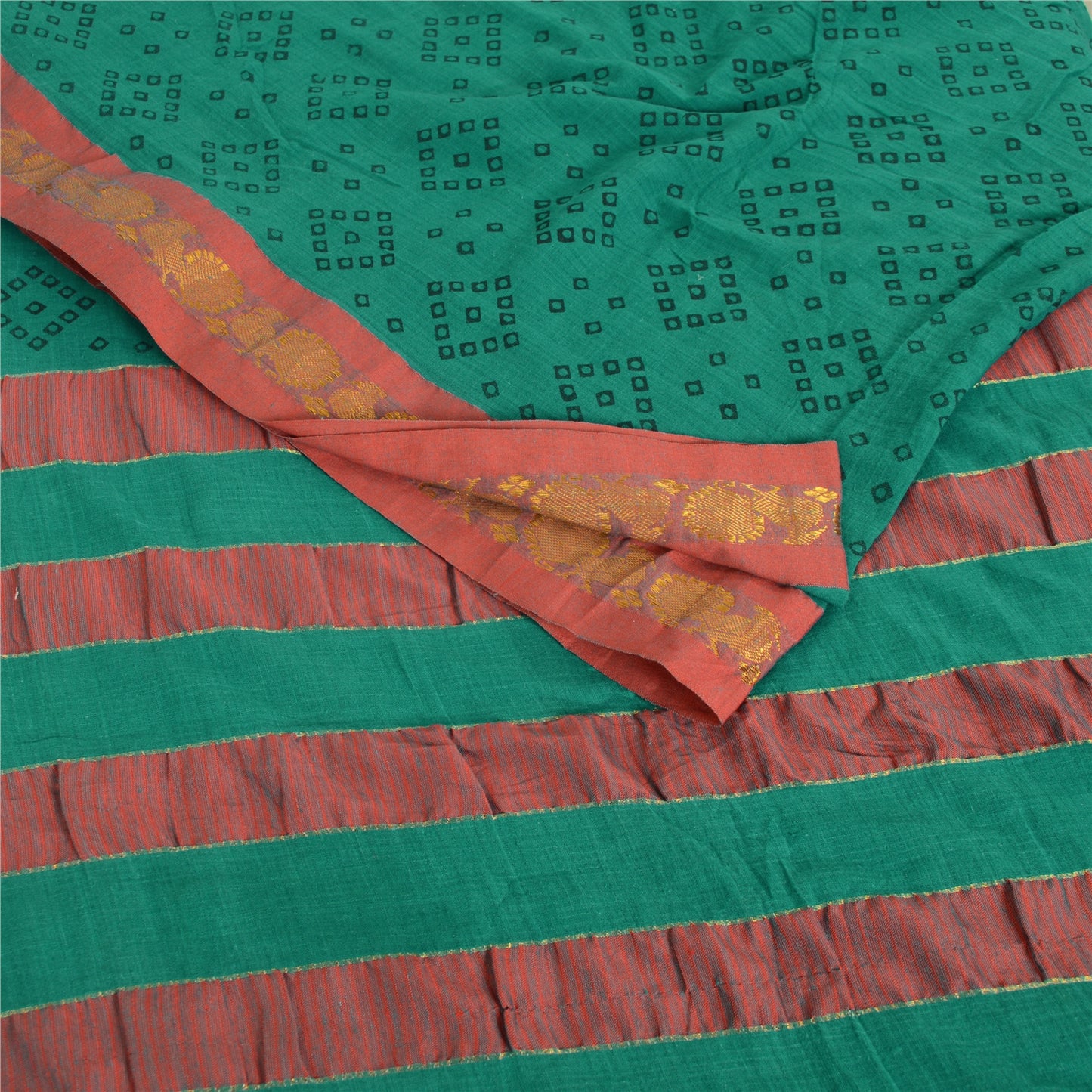 Sanskriti Vintage Sarees Green Bandhani Zari Woven Print Pure Cotton Sari Fabric