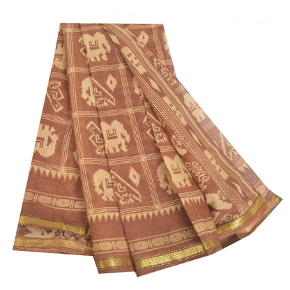 Sanskriti Vintage Sarees Brown Patan Patola Animal Print Pure Cotton Sari Fabric