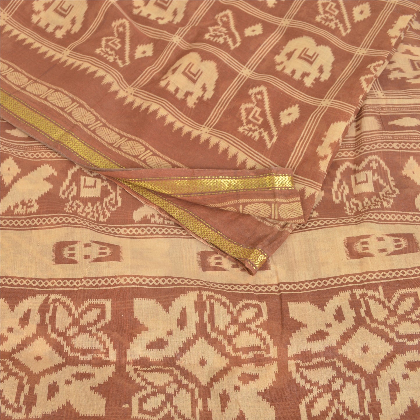 Sanskriti Vintage Sarees Brown Patan Patola Animal Print Pure Cotton Sari Fabric