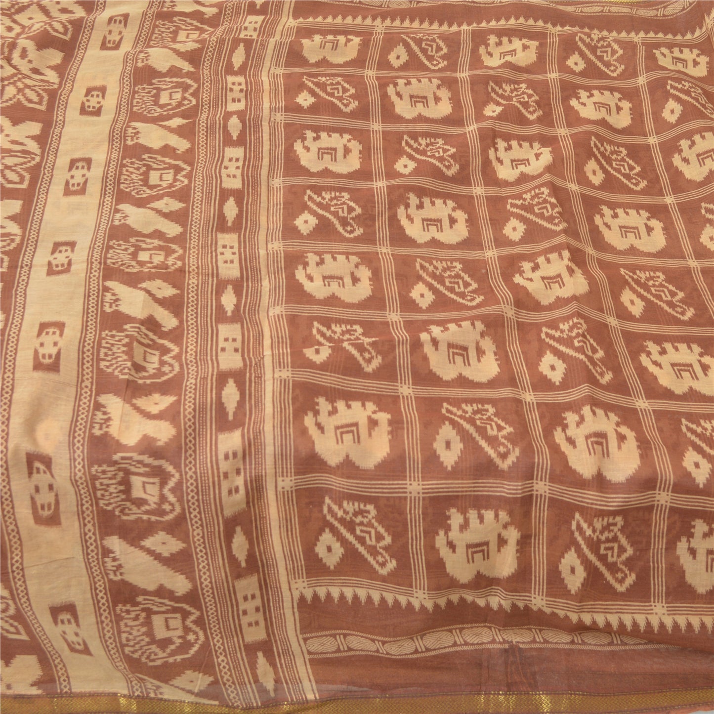 Sanskriti Vintage Sarees Brown Patan Patola Animal Print Pure Cotton Sari Fabric