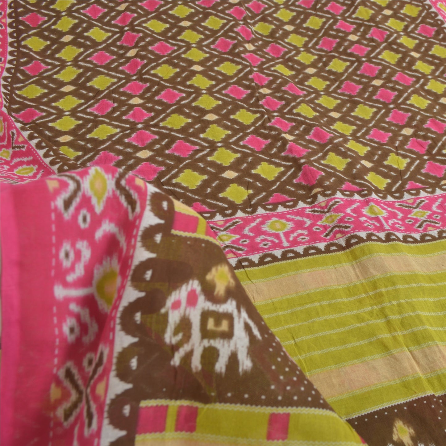 Sanskriti Vintage Sarees Brown/Pink Patan Patola Pure Cotton Printed Sari Fabric