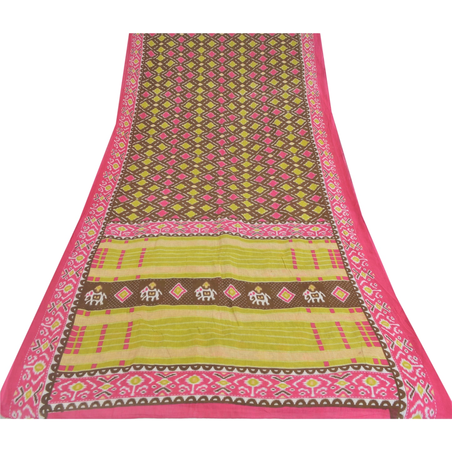 Sanskriti Vintage Sarees Brown/Pink Patan Patola Pure Cotton Printed Sari Fabric