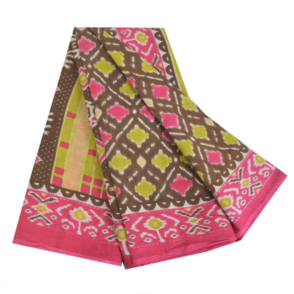 Sanskriti Vintage Sarees Brown/Pink Patan Patola Pure Cotton Printed Sari Fabric