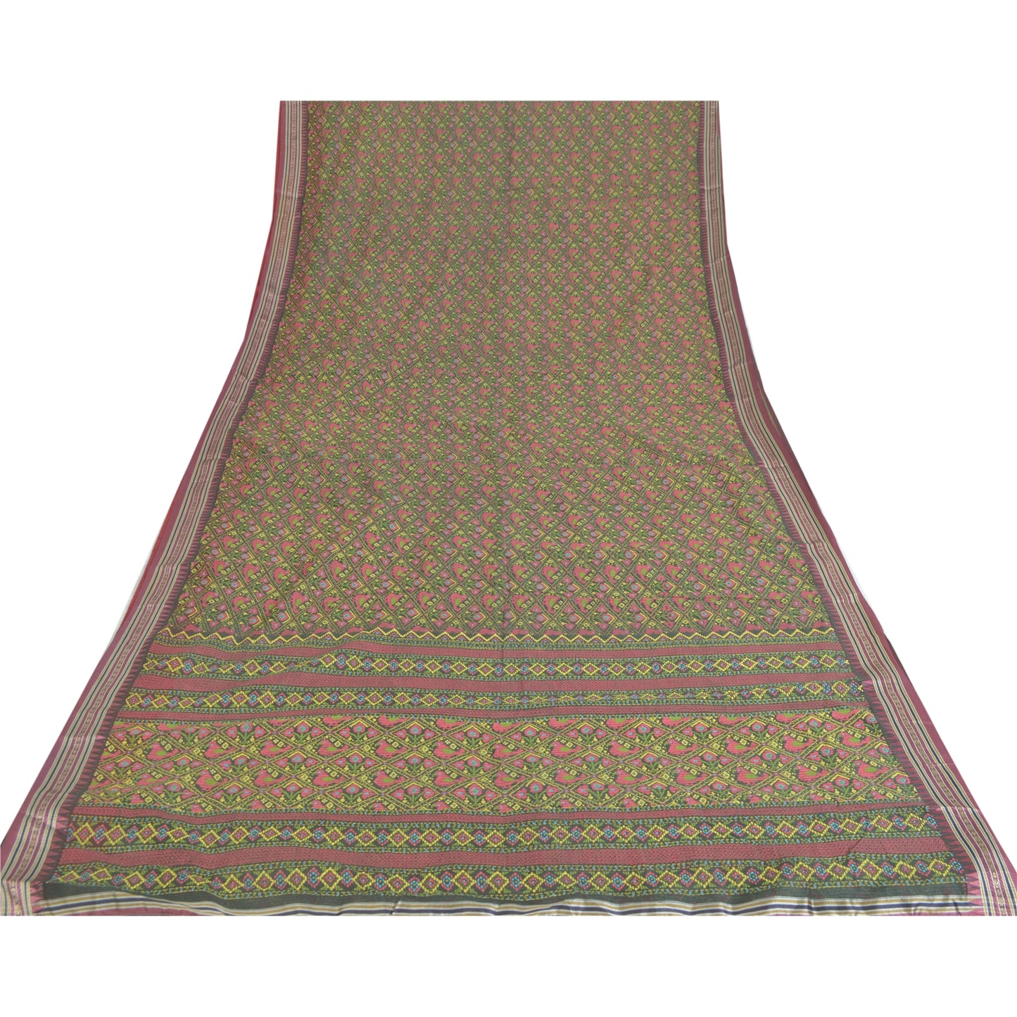 Sanskriti Vintage Sarees Green Peacock Printed Pure Cotton Sari 5yd Craft Fabric