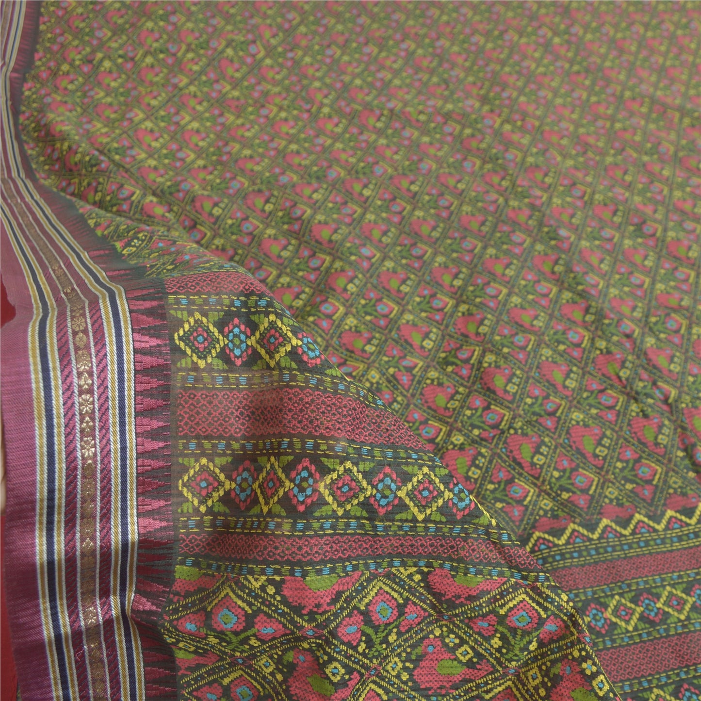 Sanskriti Vintage Sarees Green Peacock Printed Pure Cotton Sari 5yd Craft Fabric