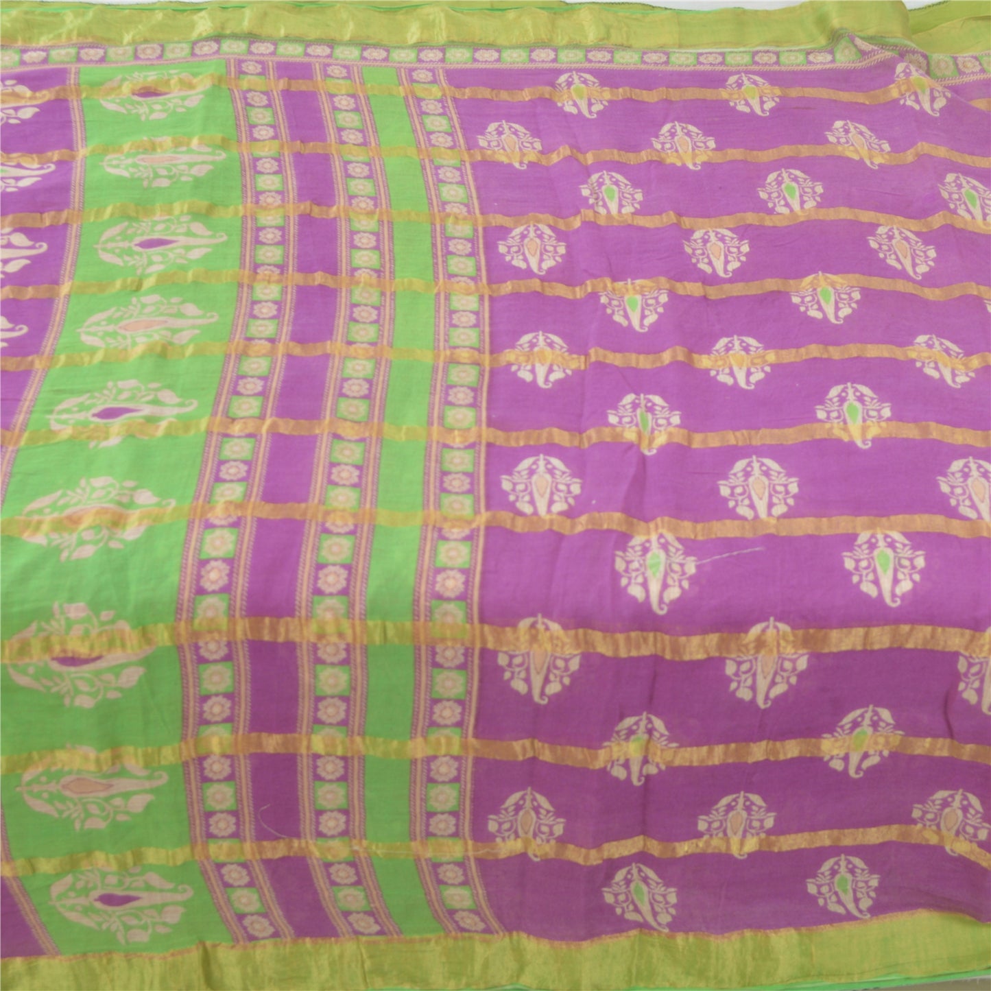 Sanskriti Vintage Sarees Purple Pure Cotton Printed Woven Sari 5yd Craft Fabric