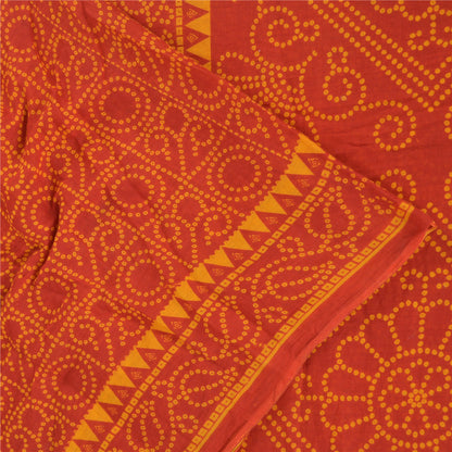 Sanskriti Vintage Sarees Red/Yellow Bandhani Pure Cotton Printed Sari 5yd Fabric