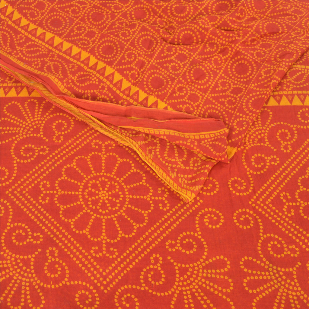 Sanskriti Vintage Sarees Red/Yellow Bandhani Pure Cotton Printed Sari 5yd Fabric