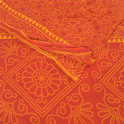 Sanskriti Vintage Sarees Red/Yellow Bandhani Pure Cotton Printed Sari 5yd Fabric