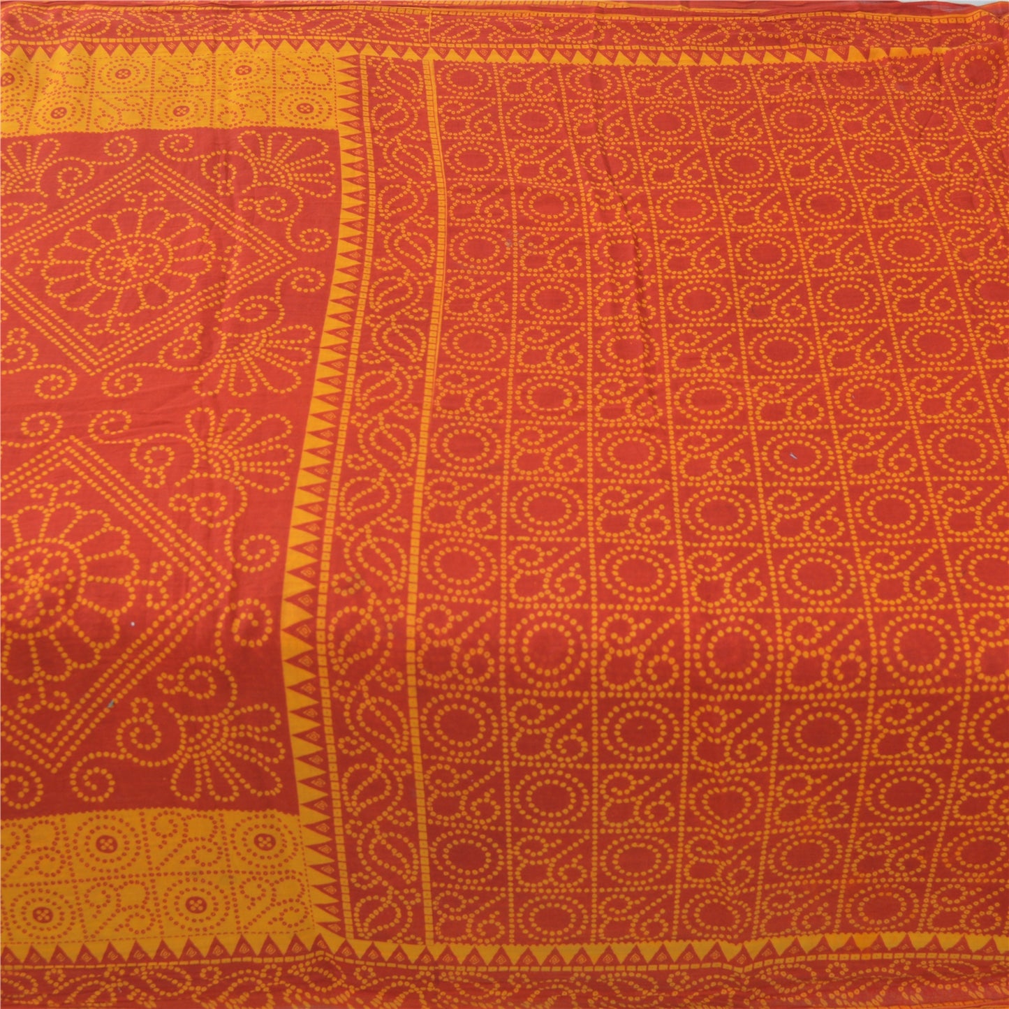 Sanskriti Vintage Sarees Red/Yellow Bandhani Pure Cotton Printed Sari 5yd Fabric