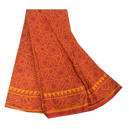 Sanskriti Vintage Sarees Red/Yellow Bandhani Pure Cotton Printed Sari 5yd Fabric