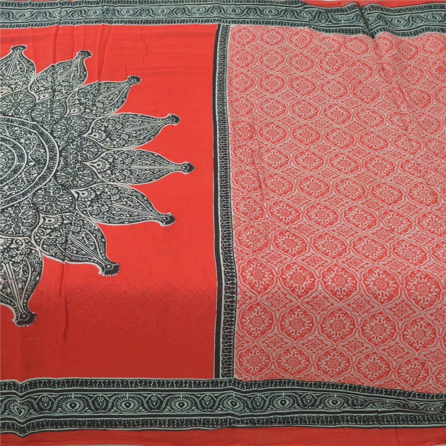 Sanskriti Vintage Sarees Red/Gray 100% Pure Cotton Printed Sari 5yd Craft Fabric