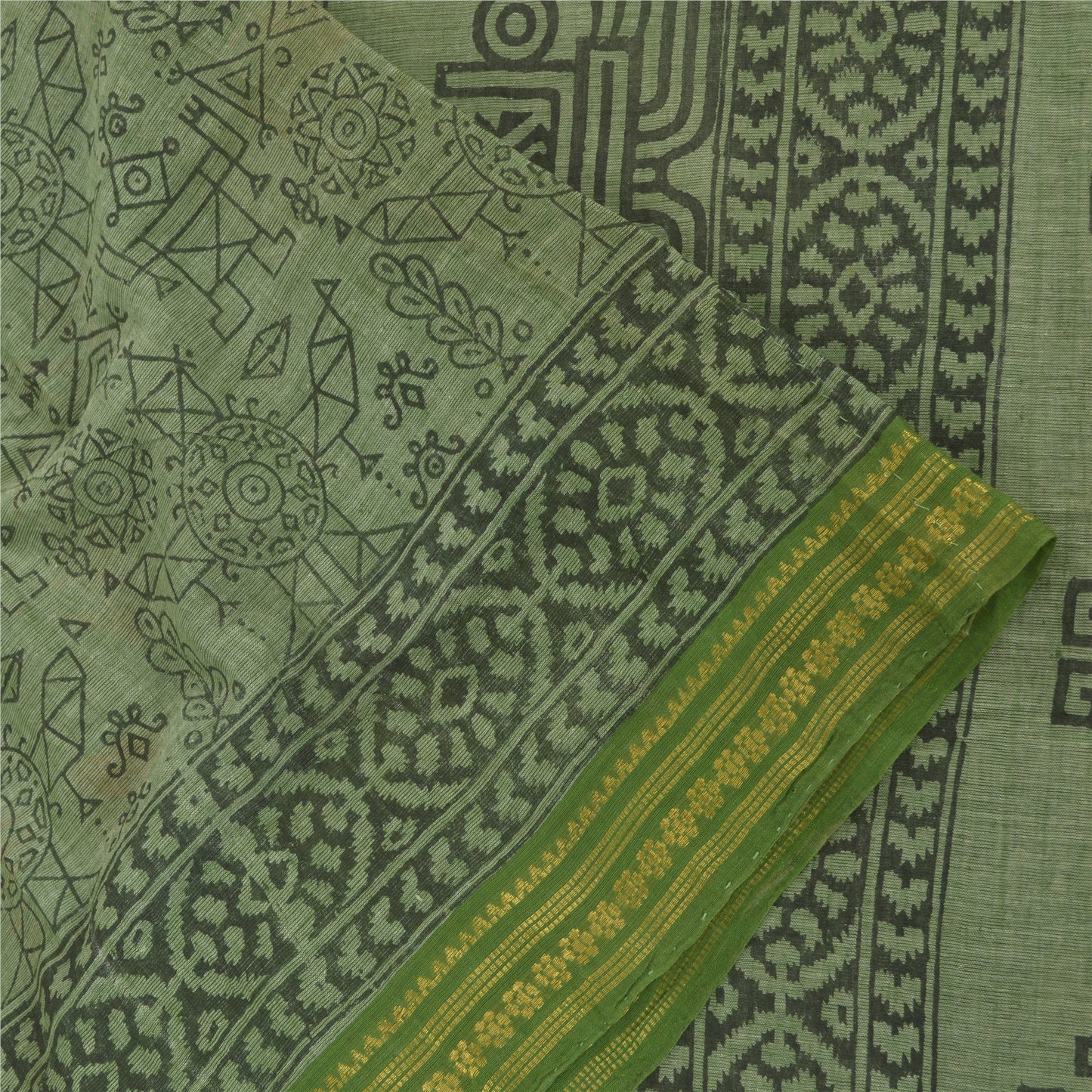 Sanskriti Vintage Sarees Green Hand Block Print Zari WorkPure Cotton Sari Fabric