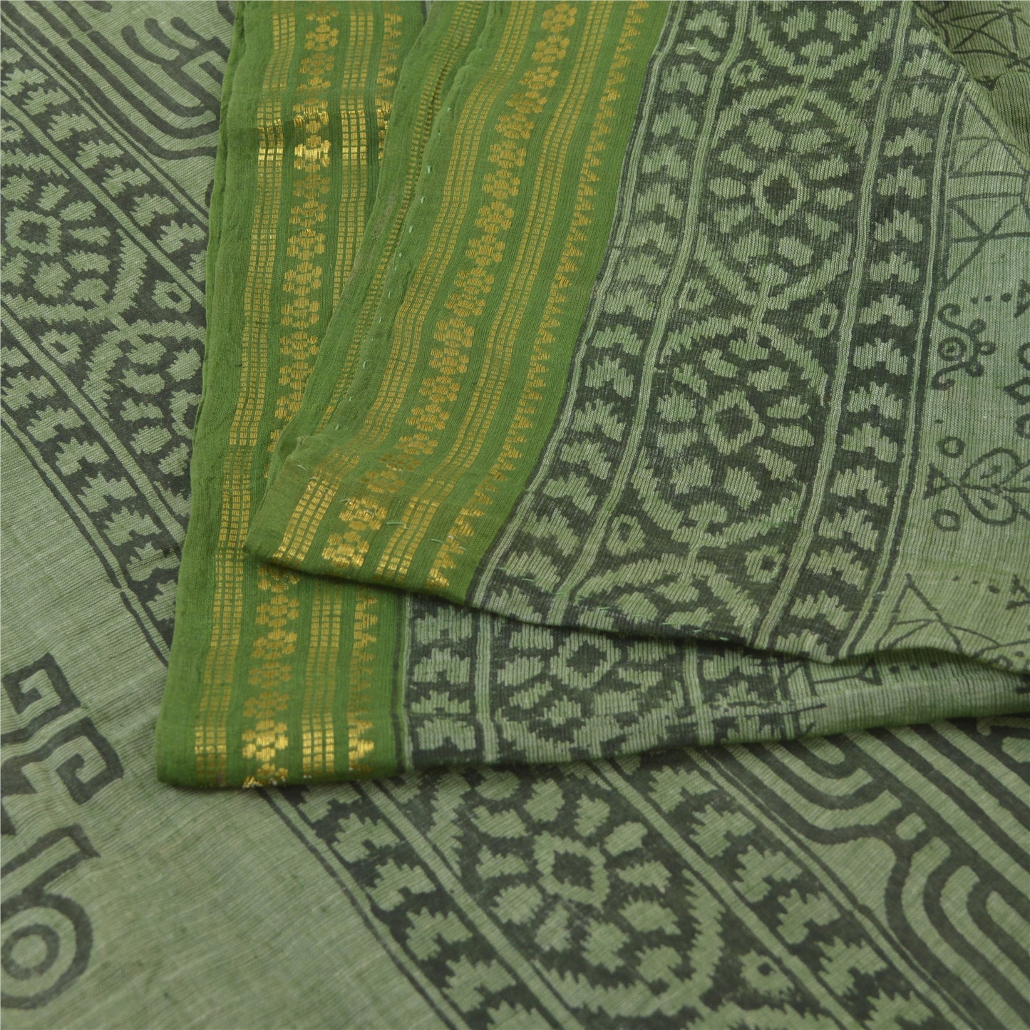 Sanskriti Vintage Sarees Green Hand Block Print Zari WorkPure Cotton Sari Fabric