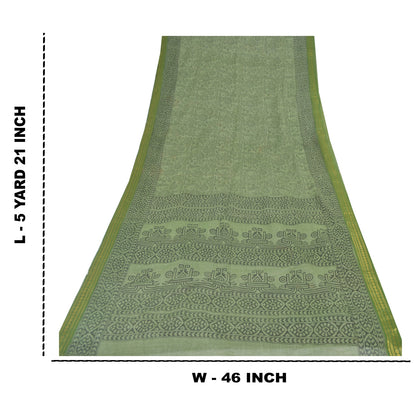 Sanskriti Vintage Sarees Green Hand Block Print Zari WorkPure Cotton Sari Fabric