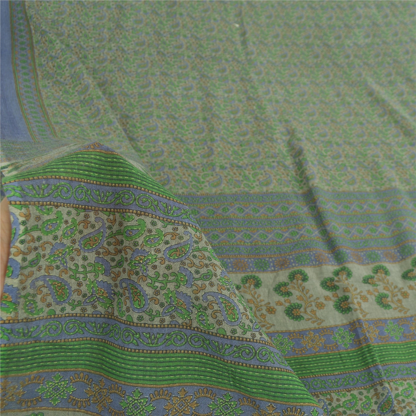 Sanskriti Vintage Sarees Indian Green Pure Cotton Printed Sari 5yd Craft Fabric