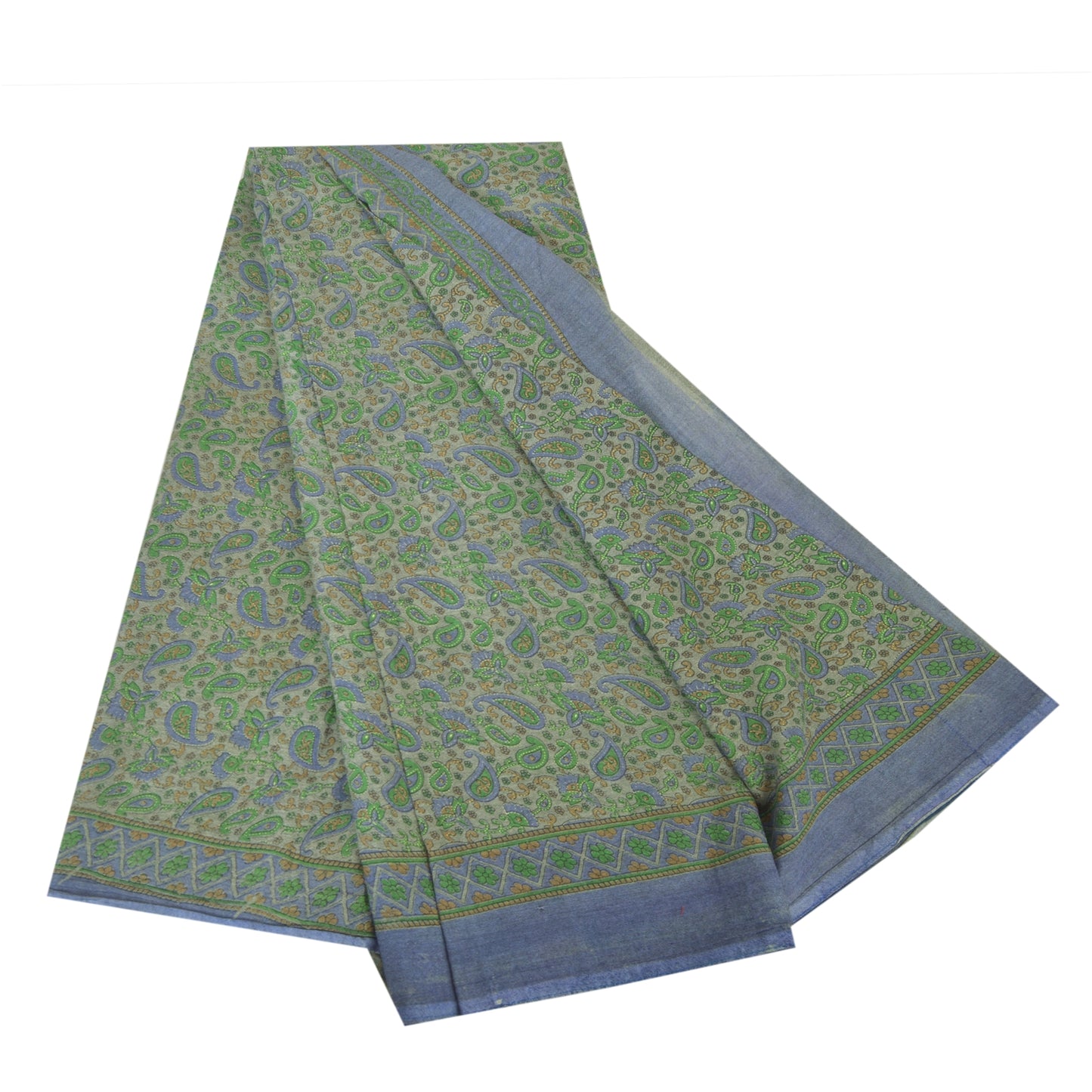 Sanskriti Vintage Sarees Indian Green Pure Cotton Printed Sari 5yd Craft Fabric