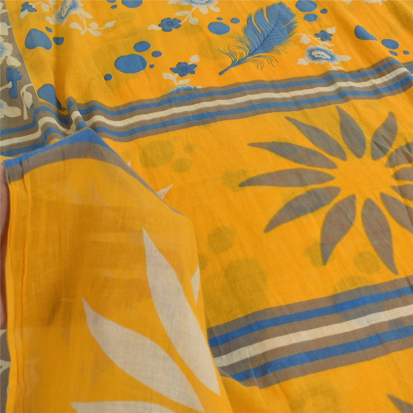 Sanskriti Vintage Sarees Yellow/Blue Pure Cotton Printed Sari 5yd Craft Fabric