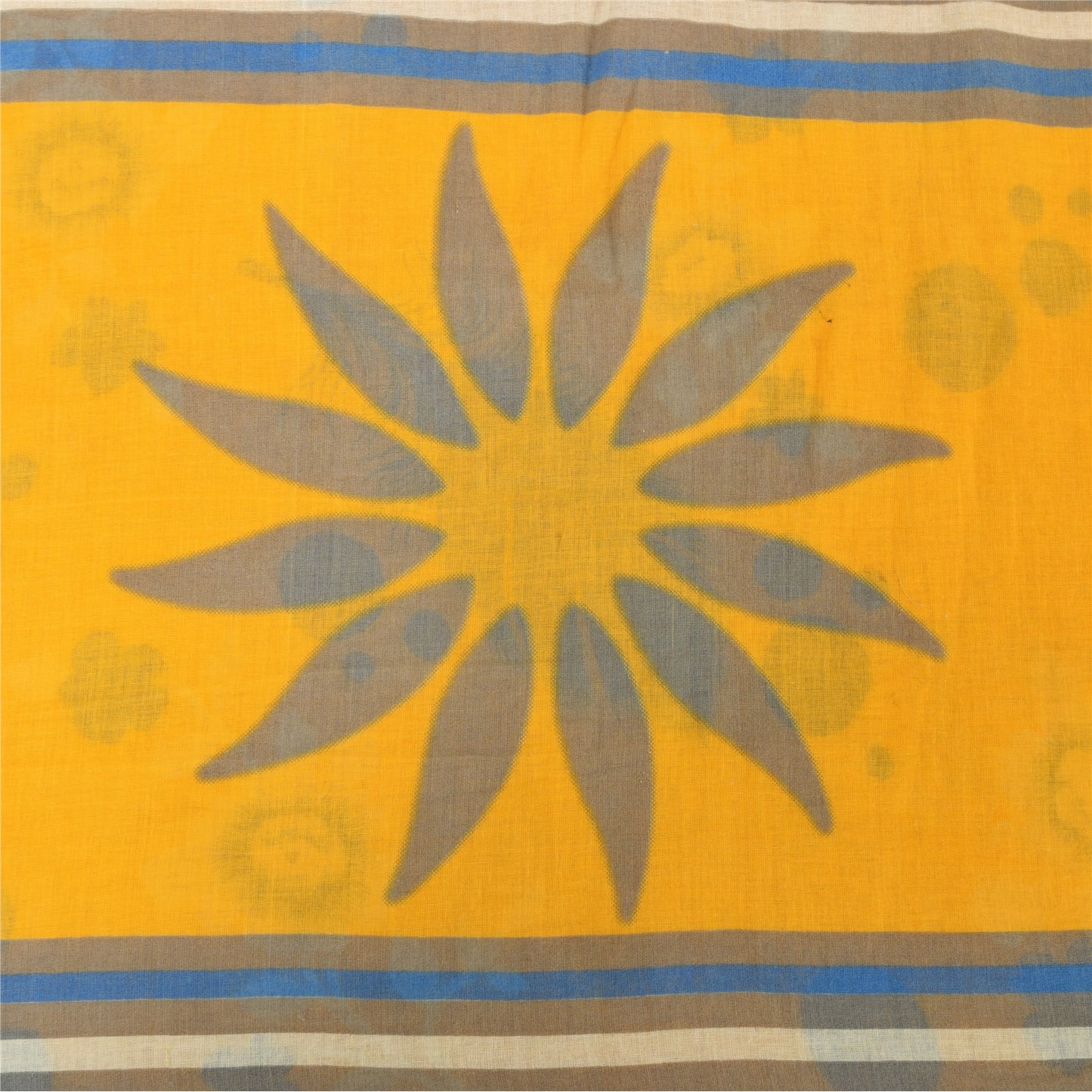 Sanskriti Vintage Sarees Yellow/Blue Pure Cotton Printed Sari 5yd Craft Fabric