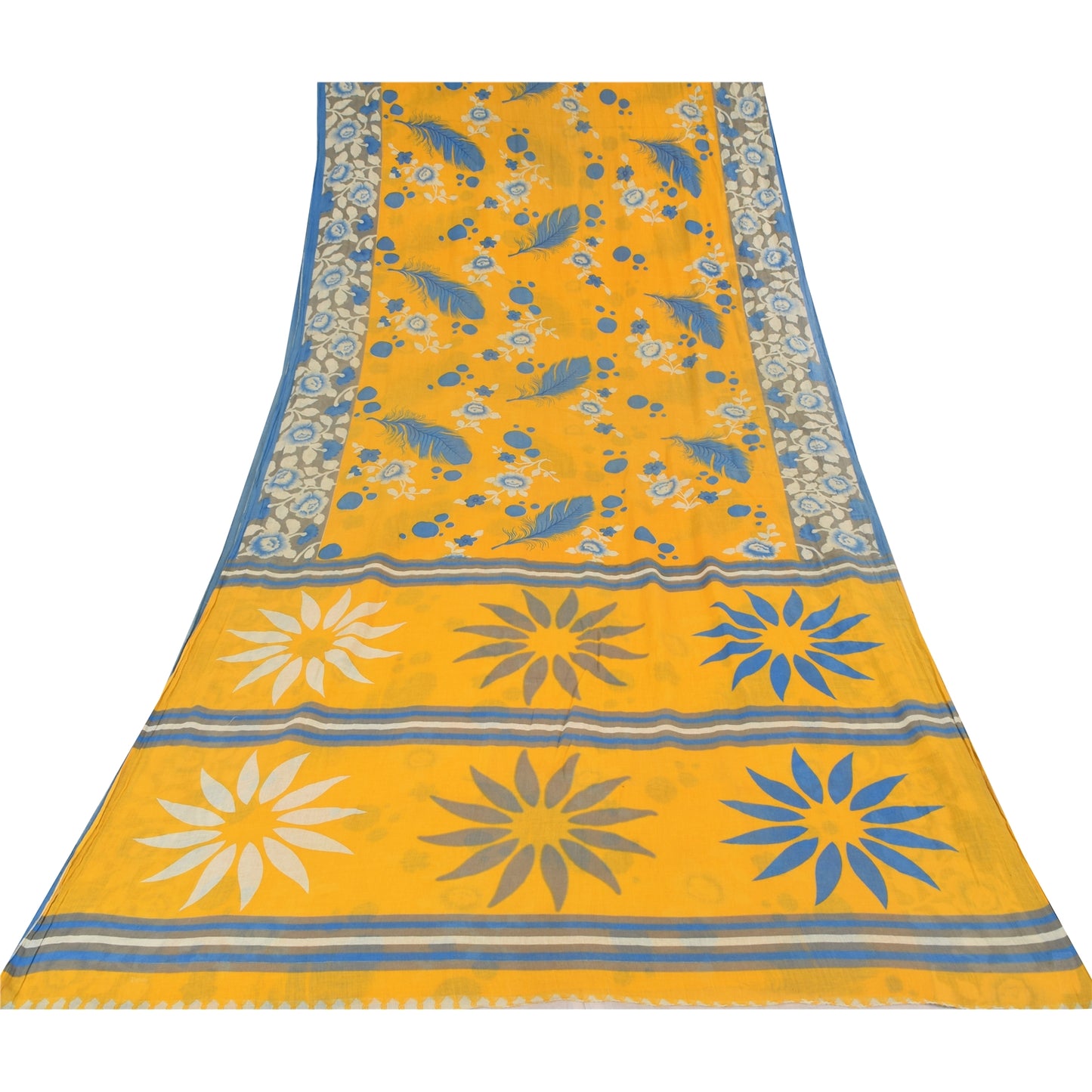 Sanskriti Vintage Sarees Yellow/Blue Pure Cotton Printed Sari 5yd Craft Fabric