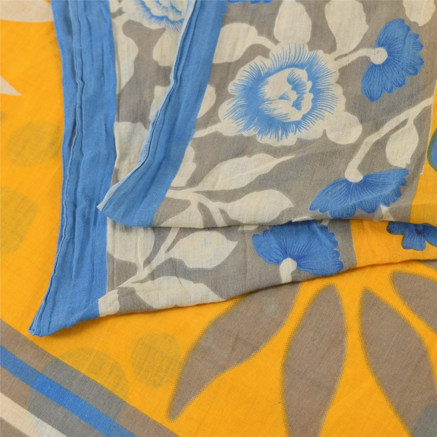 Sanskriti Vintage Sarees Yellow/Blue Pure Cotton Printed Sari 5yd Craft Fabric