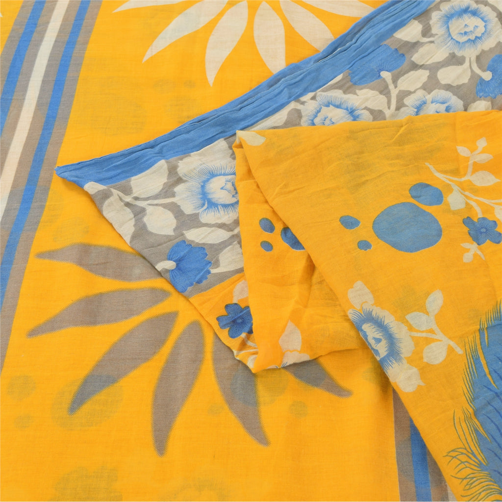 Sanskriti Vintage Sarees Yellow/Blue Pure Cotton Printed Sari 5yd Craft Fabric