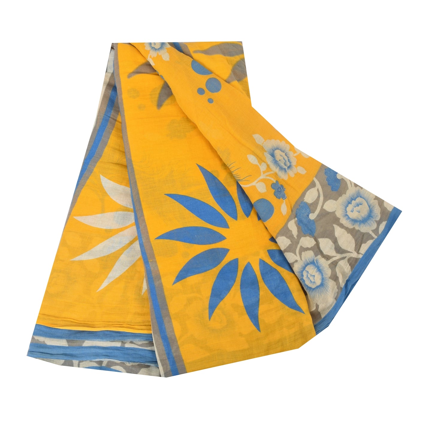 Sanskriti Vintage Sarees Yellow/Blue Pure Cotton Printed Sari 5yd Craft Fabric