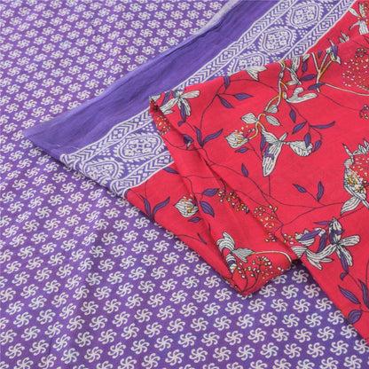 Sanskriti Vintage Sarees Red/Purple Pure Cotton Printed Sari 5yd Craft Fabric