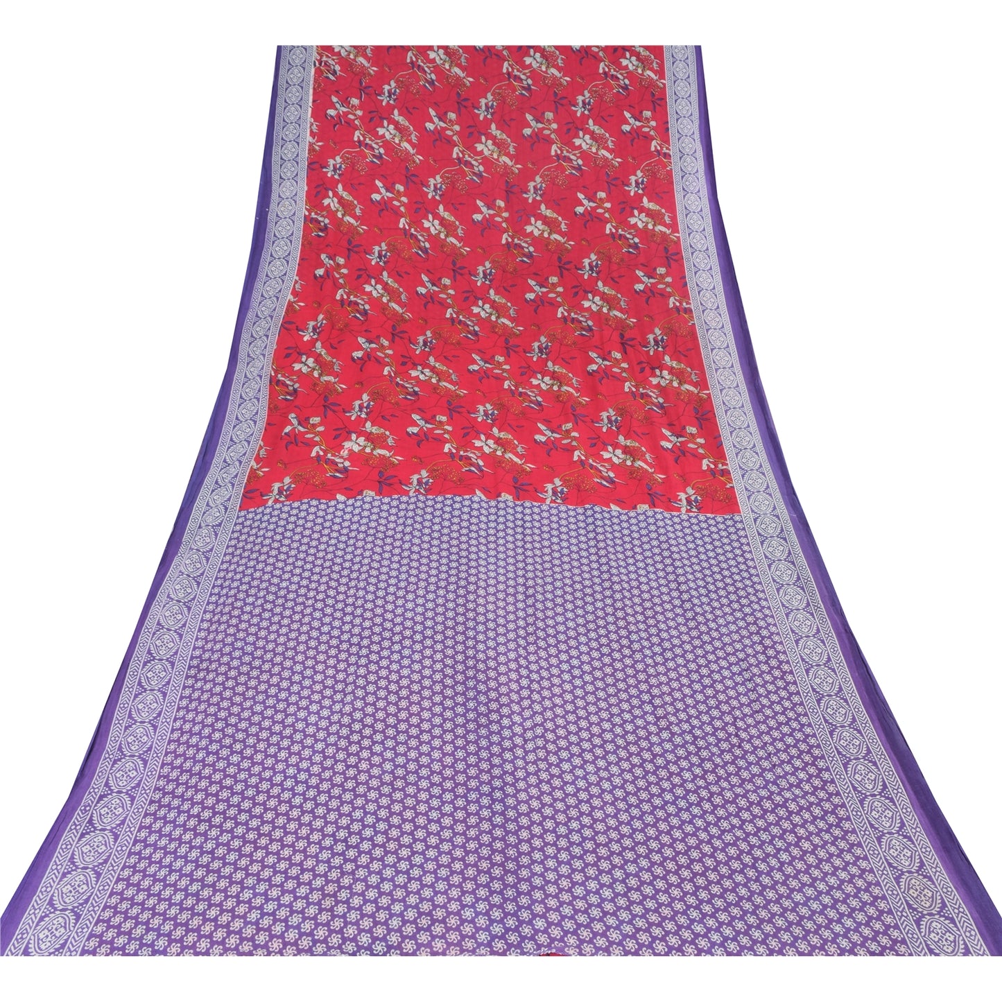 Sanskriti Vintage Sarees Red/Purple Pure Cotton Printed Sari 5yd Craft Fabric