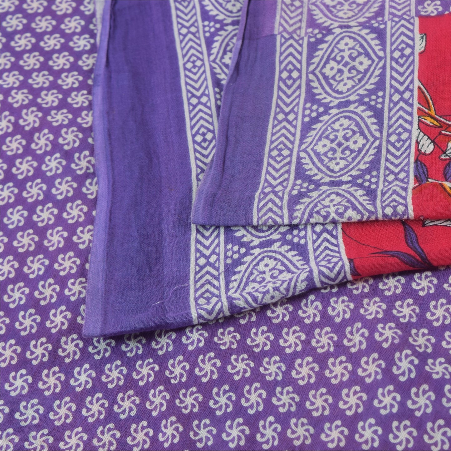 Sanskriti Vintage Sarees Red/Purple Pure Cotton Printed Sari 5yd Craft Fabric