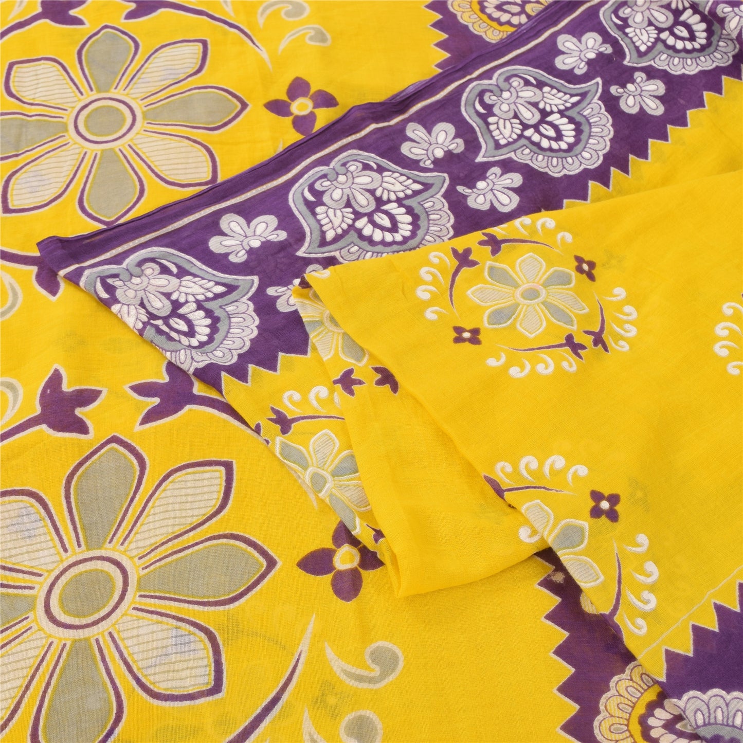 Sanskriti Vintage Sarees Yellow/Purple Pure Cotton Printed Sari 5yd Craft Fabric