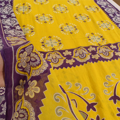 Sanskriti Vintage Sarees Yellow/Purple Pure Cotton Printed Sari 5yd Craft Fabric