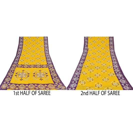 Sanskriti Vintage Sarees Yellow/Purple Pure Cotton Printed Sari 5yd Craft Fabric