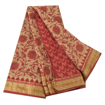 Sanskriti Vintage Sarees Red/Cream Pure Cotton Printed Sari 5yd Craft Fabric