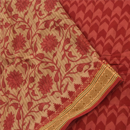 Sanskriti Vintage Sarees Red/Cream Pure Cotton Printed Sari 5yd Craft Fabric