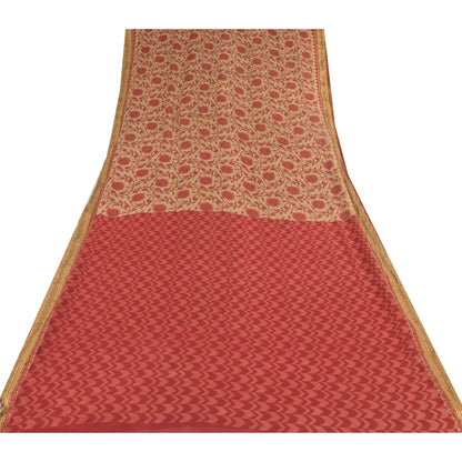 Sanskriti Vintage Sarees Red/Cream Pure Cotton Printed Sari 5yd Craft Fabric