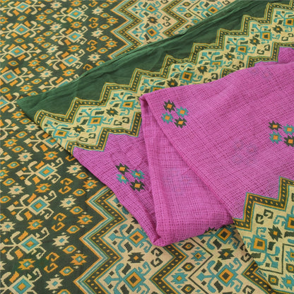 Sanskriti Vintage Sarees Purple/Green Pure Cotton Printed Sari 5yd Craft Fabric